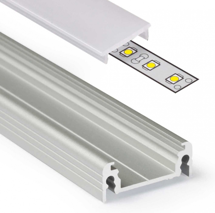 2m Aluprofil SURFACE14 (SU14) 2 Meter Aluminium Profil Leiste eloxiert für LED Streifen - Set inkl Abdeckung-Schiene milchig-weiß opal mit Montage-Klammern und Endkappen (2 Meter milchig click)