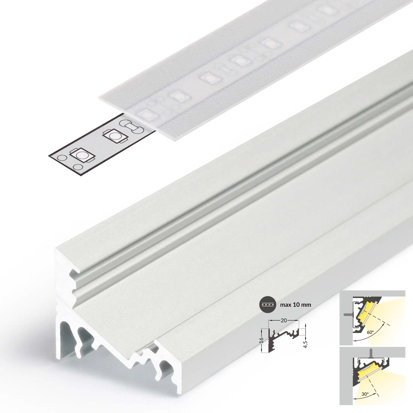 LED Aluminium Eckprofil Set CORNER 10mm (2m) eloxiert inkl. Blende  (raureif/diffus), Befestigungsclips und Endkappen für LED-Streifen/indirekte  Beleuchtung-522068