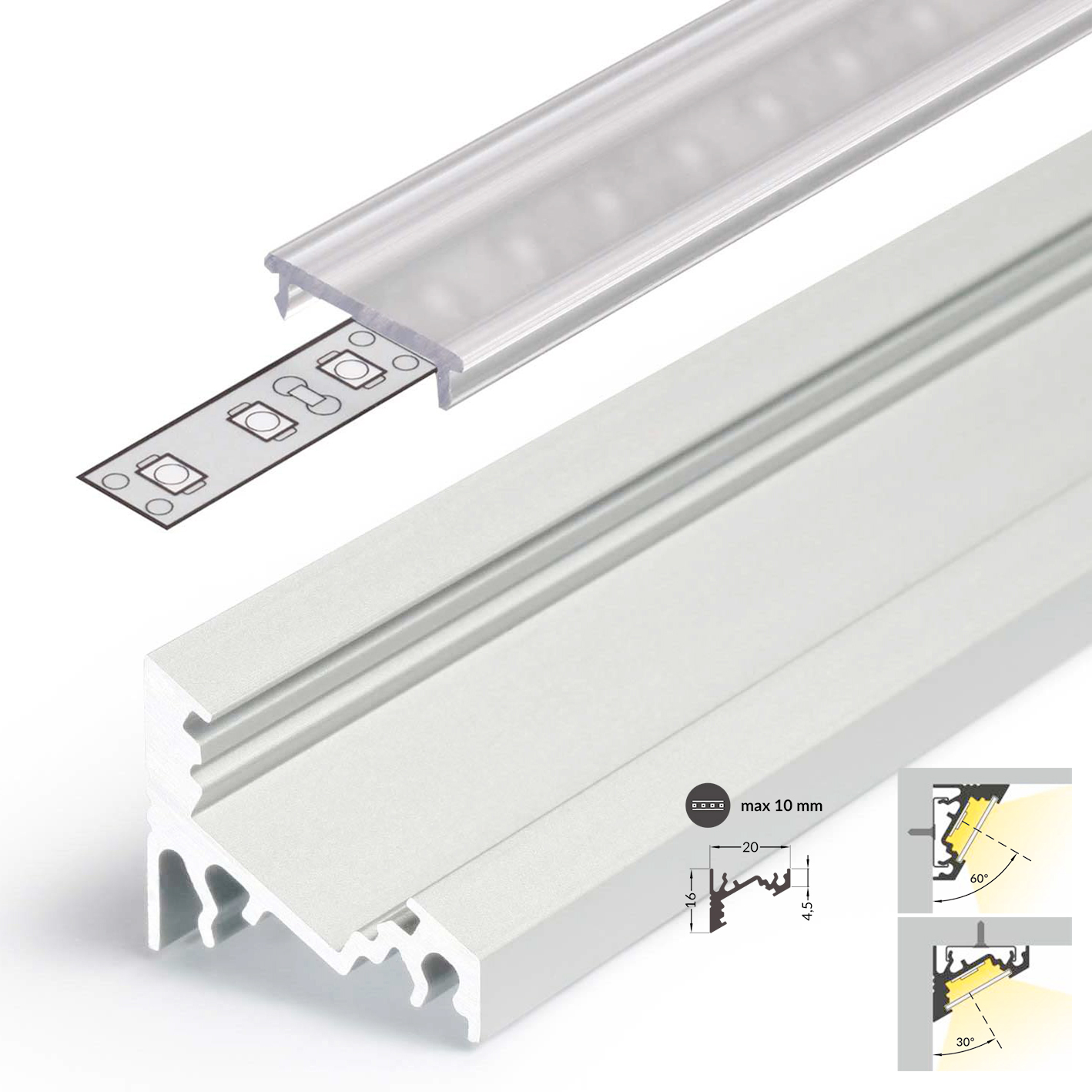 LEDsikon® LED Aluminium Profil Eckprofil Set CORNER 10mm 2m inkl Blende 