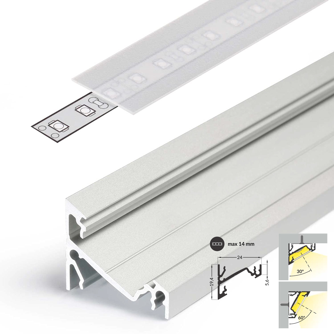 LED Aluminium Eckprofil Set CORNER 14mm 2m eloxiert inkl. Blende  (klar/transparent), Befestigungsclips und Endkappen für LED-Streifen/indirekte  Beleuchtung-522066