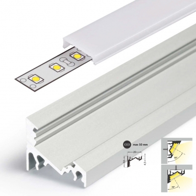 LED Aluminium Eckprofil Set CORNER 10mm (2m) eloxiert inkl. Blende (raureif/diffus), Befestigungsclips und Endkappen für LED-Streifen/indirekte Beleuchtung
