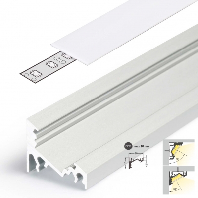 LED Aluminium Eckprofil Set CORNER 10mm (2m) eloxiert inkl. Blende (weiß), Befestigungsclips und Endkappen für LED-Streifen/indirekte Beleuchtung