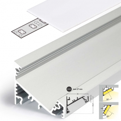 LED Aluminium Eckprofil Set CORNER 27mm (2m) eloxiert inkl. Blende (klar/transparent), Befestigungsclips und Endkappen für LED-Streifen/indirekte Beleuchtung