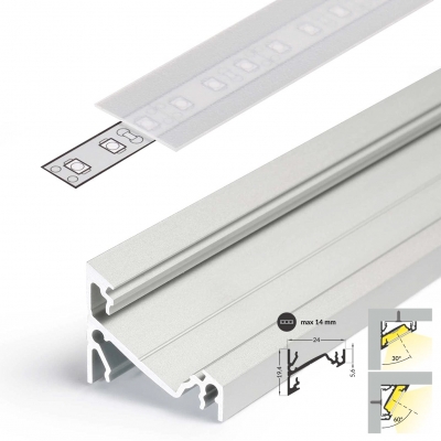 LED Aluminium Eckprofil Set CORNER 14mm (2m) eloxiert inkl. Blende (raureif/diffus), Befestigungsclips und Endkappen für LED-Streifen/indirekte Beleuchtung